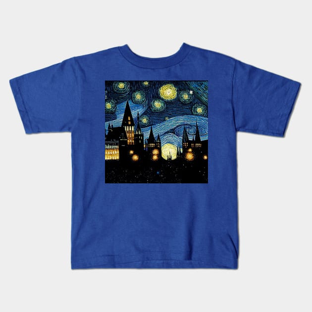 Starry Night Wizarding School Van Gogh Kids T-Shirt by Grassroots Green